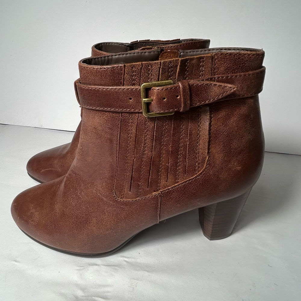 David Tate Ankle Boots Womens 9.5W‎ Brown Leather Side Zip 2 1/2 Heel Buckle